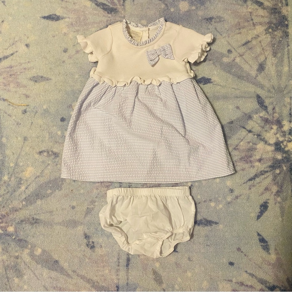 First impressions Blue Striped Searsucker Dress Ruffledd Diaper Cover 24M Baby